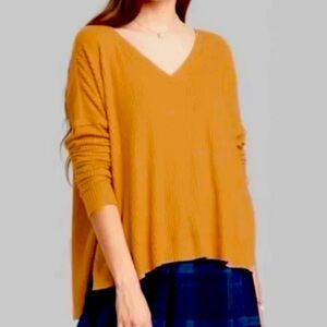 Wild Fable Long Sleeve V-Neck Cozy Rib Oversized Shirt Sweater Large Brown